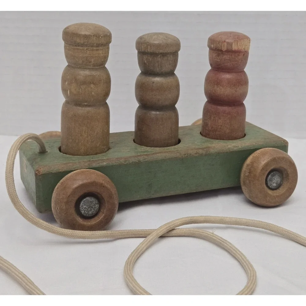 Holgate Wooden Pull Toy with 3 People Pegs, Vintage Kids Learning Original Paint